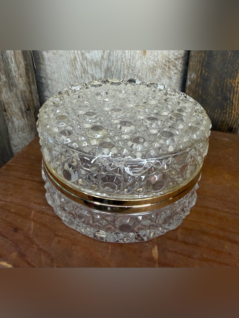 VTG Heavy Ormulu Floral Crystal Circle Hinged Jewelry Box Casket Brass